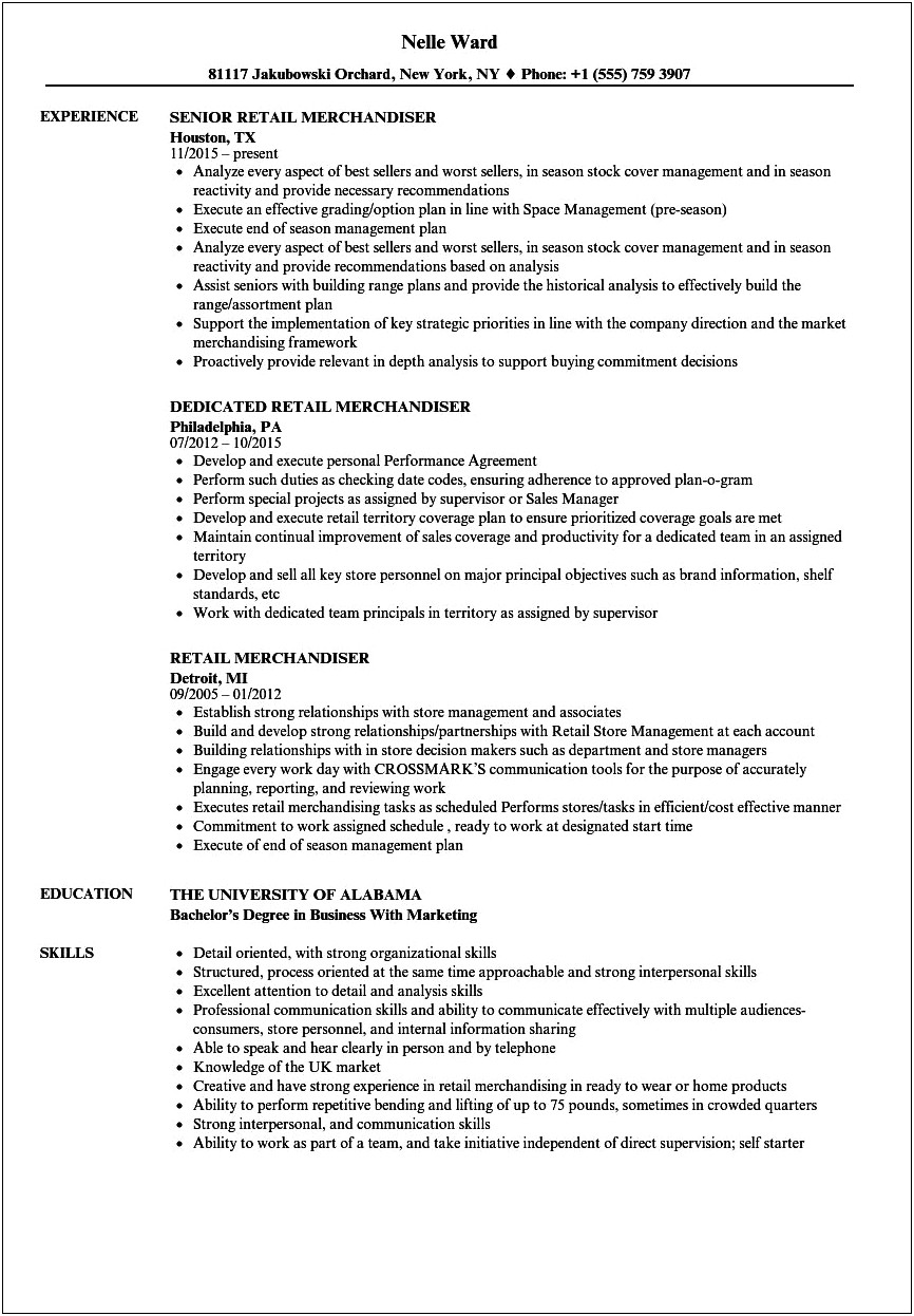 Sample Resume For Visual Merchandising Manager