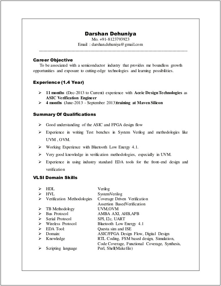 Sample Resume For Vlsi Engineer Fresher
