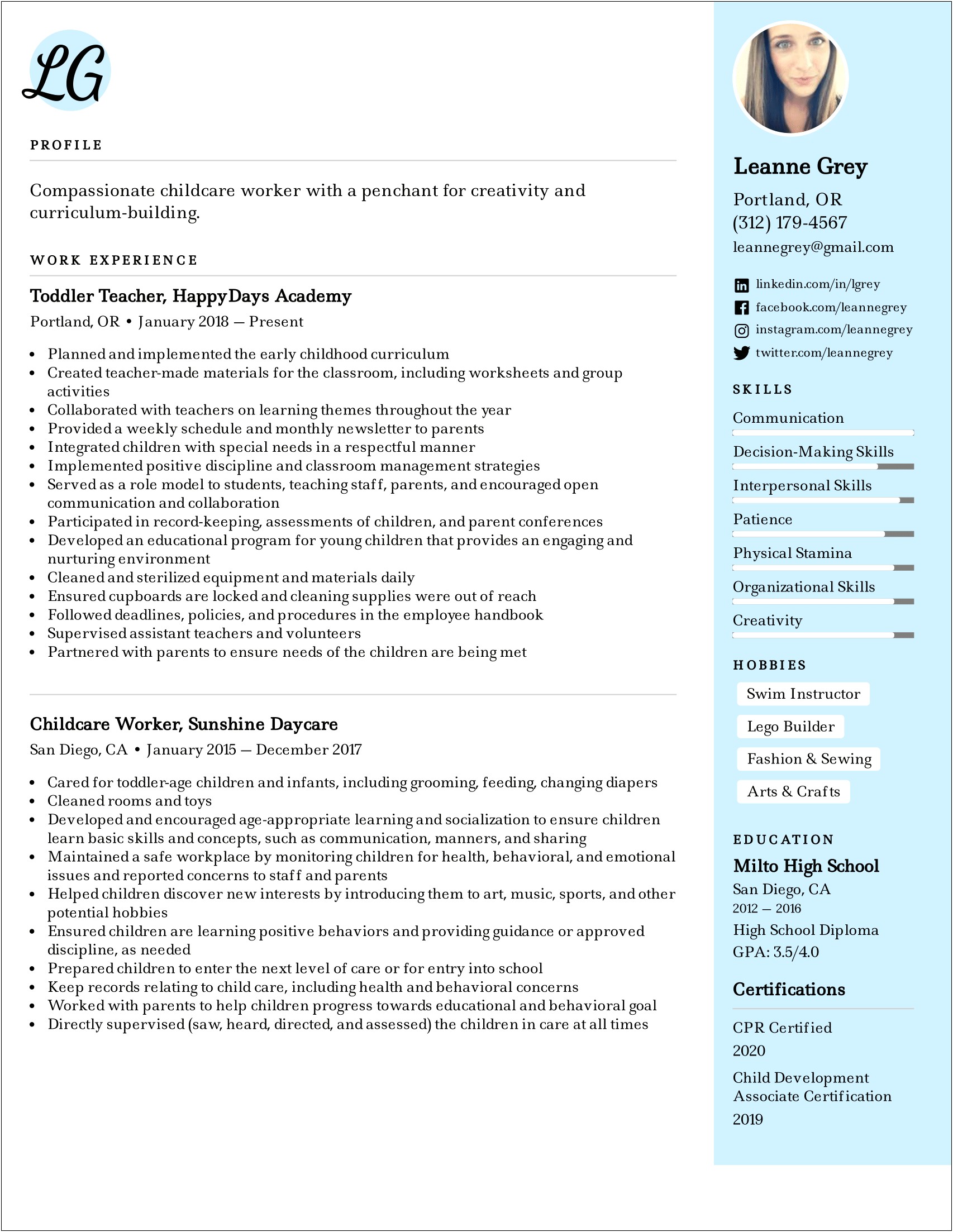 Sample Resume For Volunteer Work For Childcare