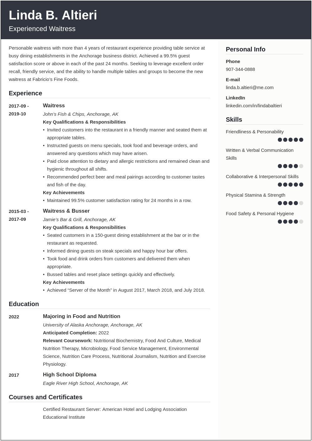 Sample Resume For Waitress Without Experience