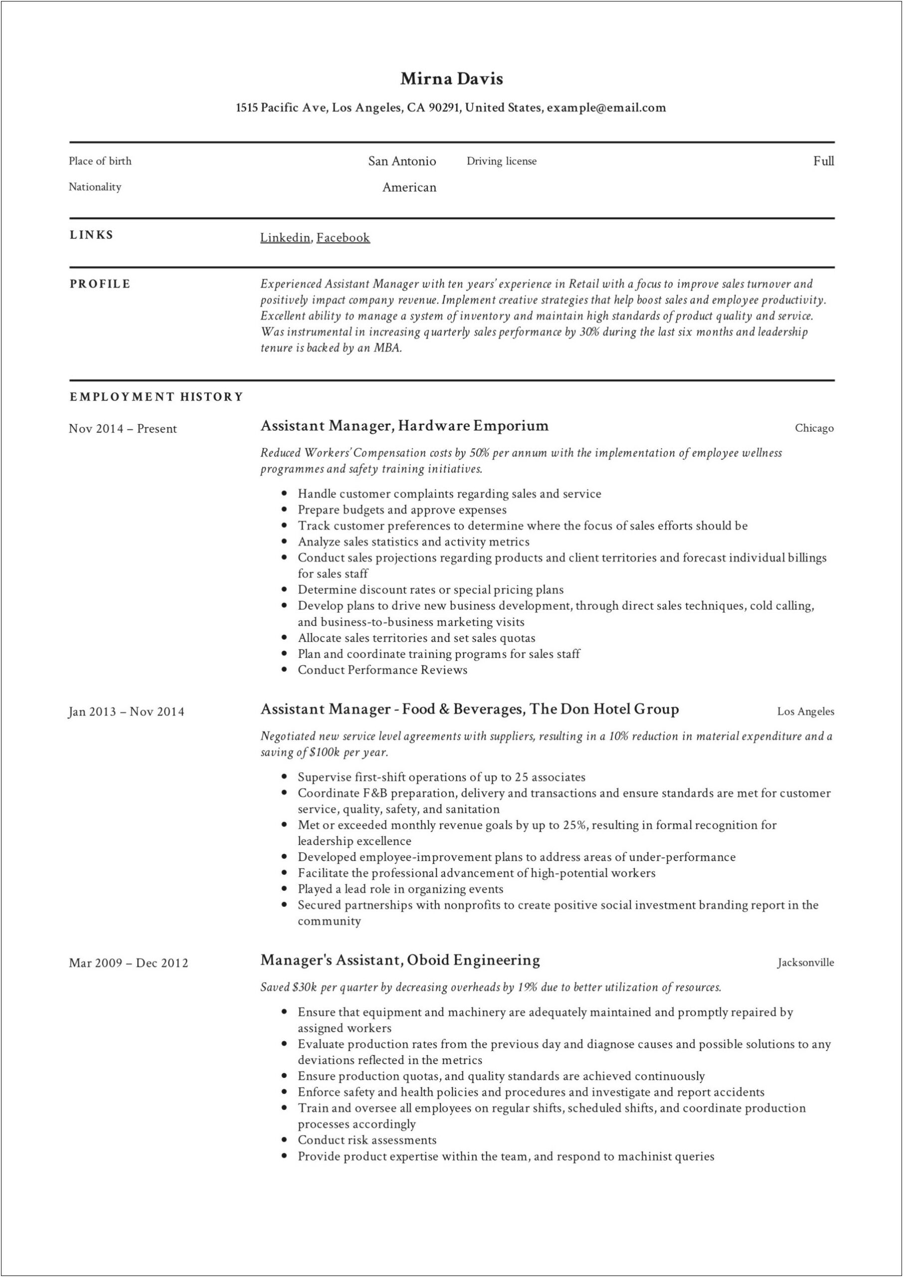 Sample Resume For Walmart Assistant Manager