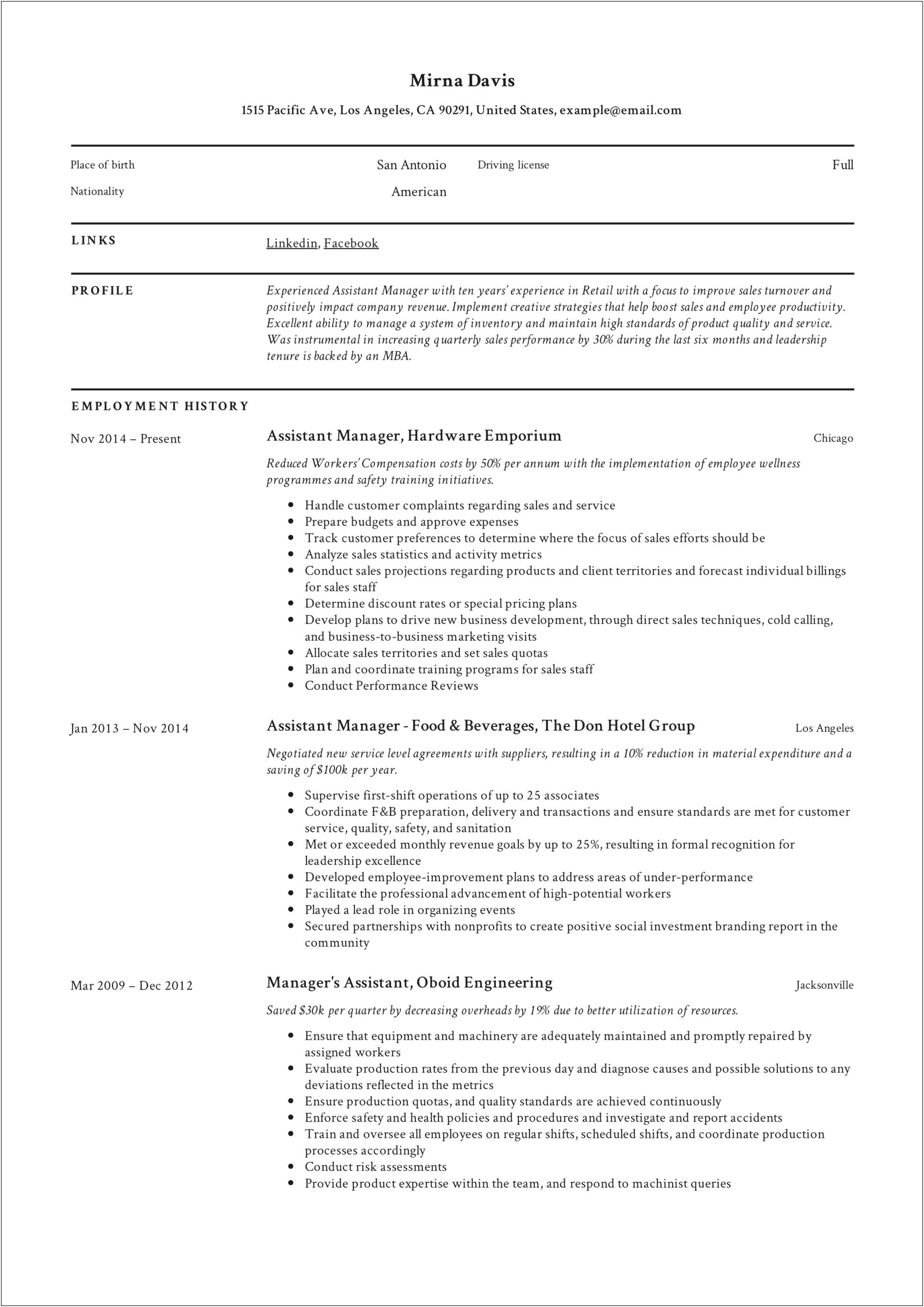 Sample Resume For Walmart Assistant Manager