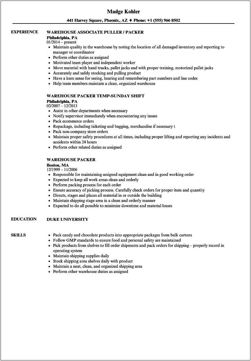 Sample Resume For Warehouse Associate Order Picker