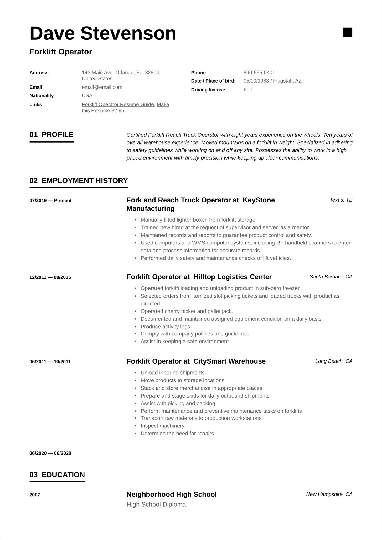 Sample Resume For Warehouse Forklift Operator