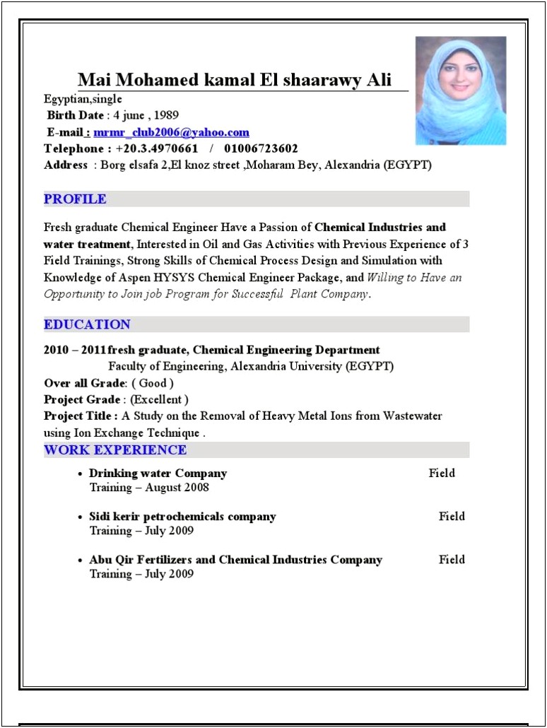 Sample Resume For Water Treatment Engineer