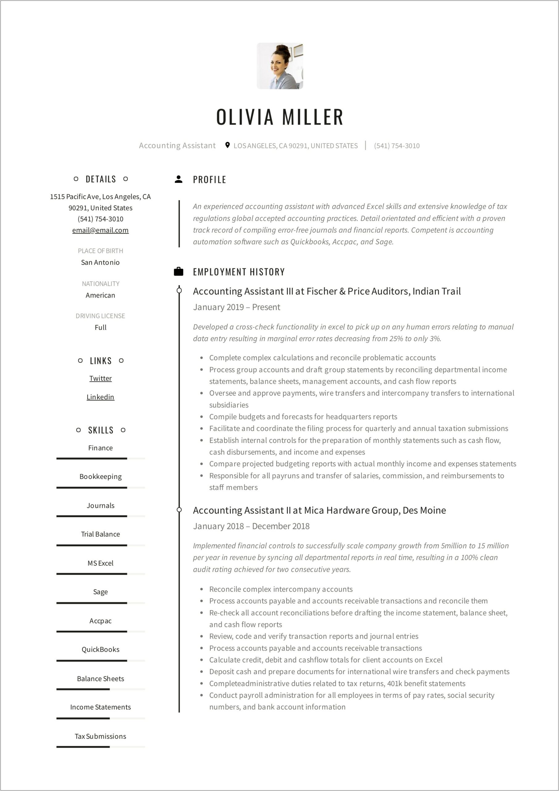 Sample Resume Format For Accounting Assistant