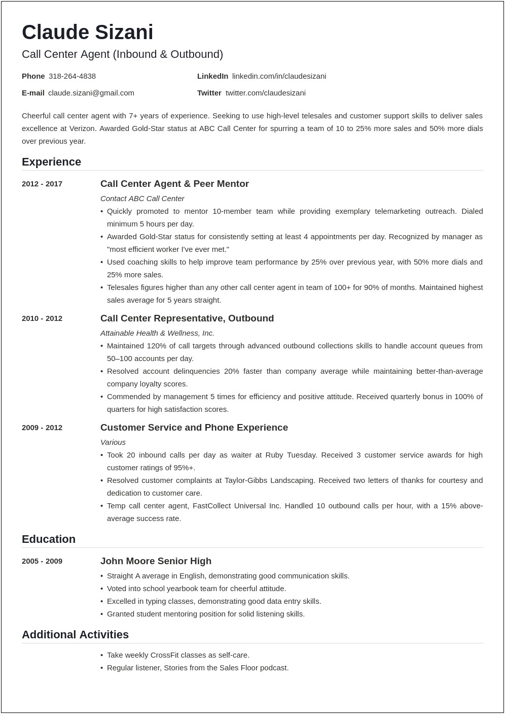 Sample Resume Format For Call Center Job