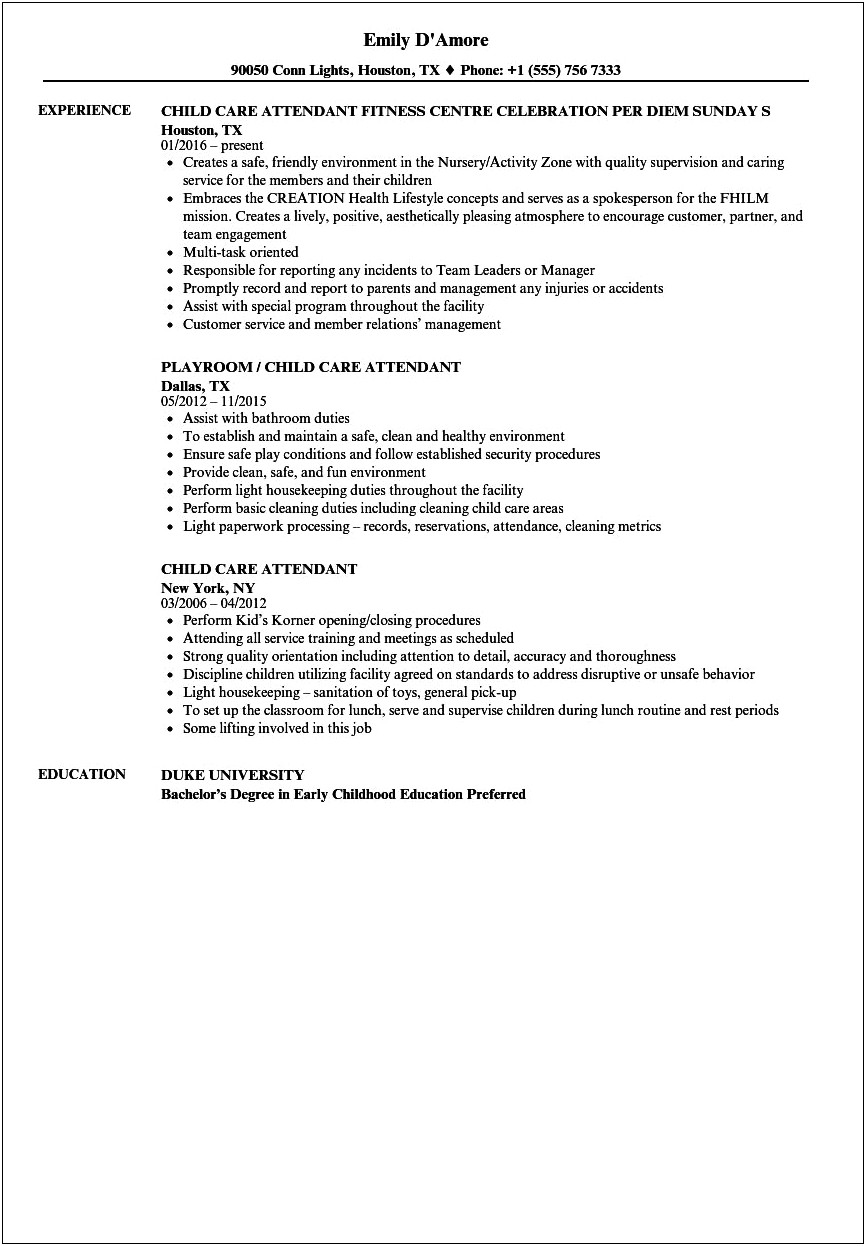 Sample Resume Format For Child Care