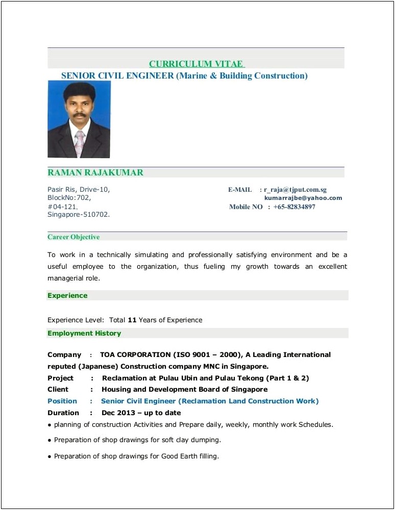 Sample Resume Format For Civil Engineers