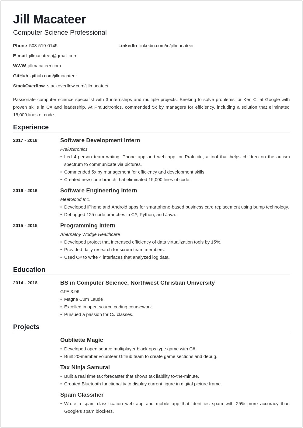 Sample Resume Format For Computer Science Students