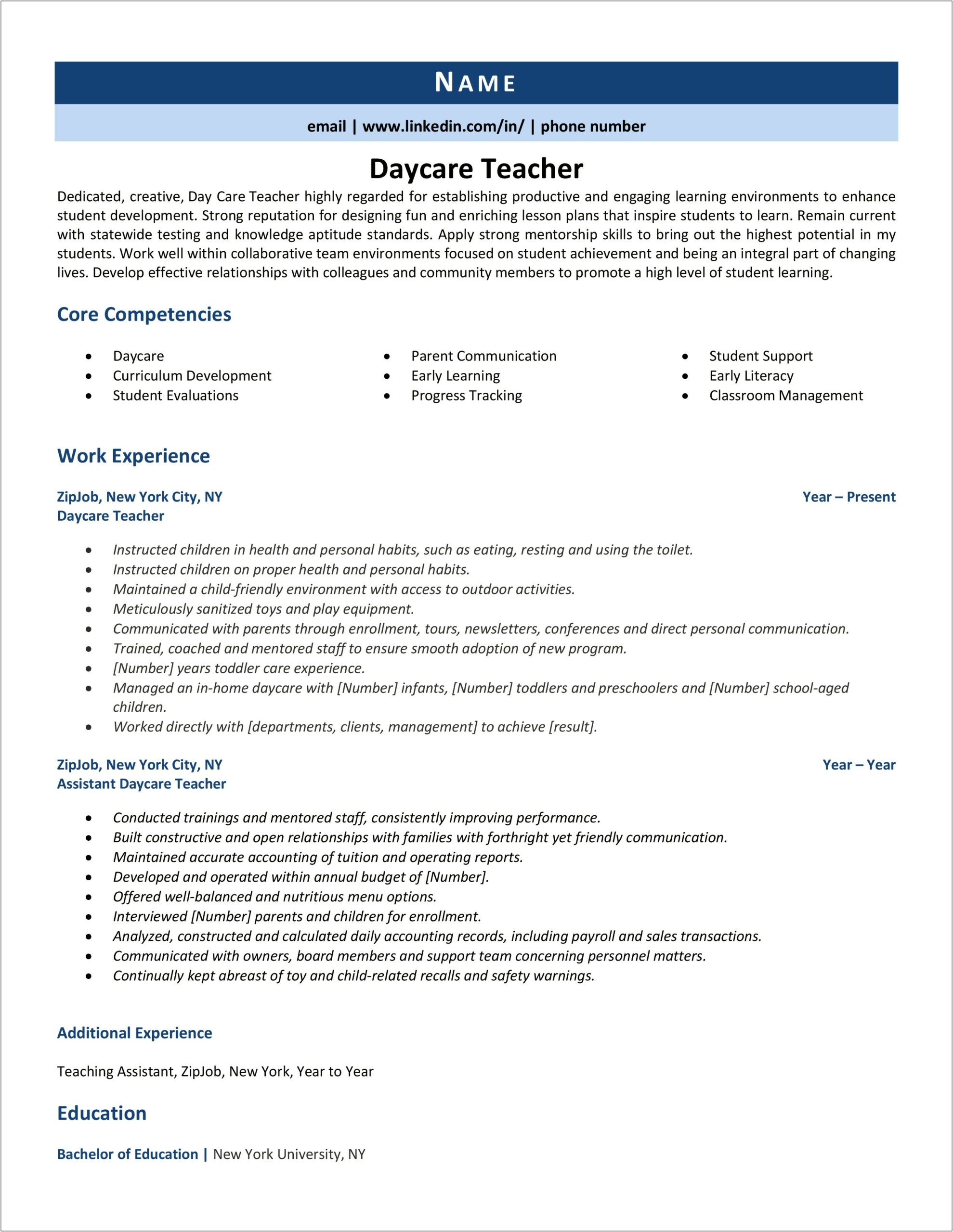 Sample Resume Format For Daycare Teachers