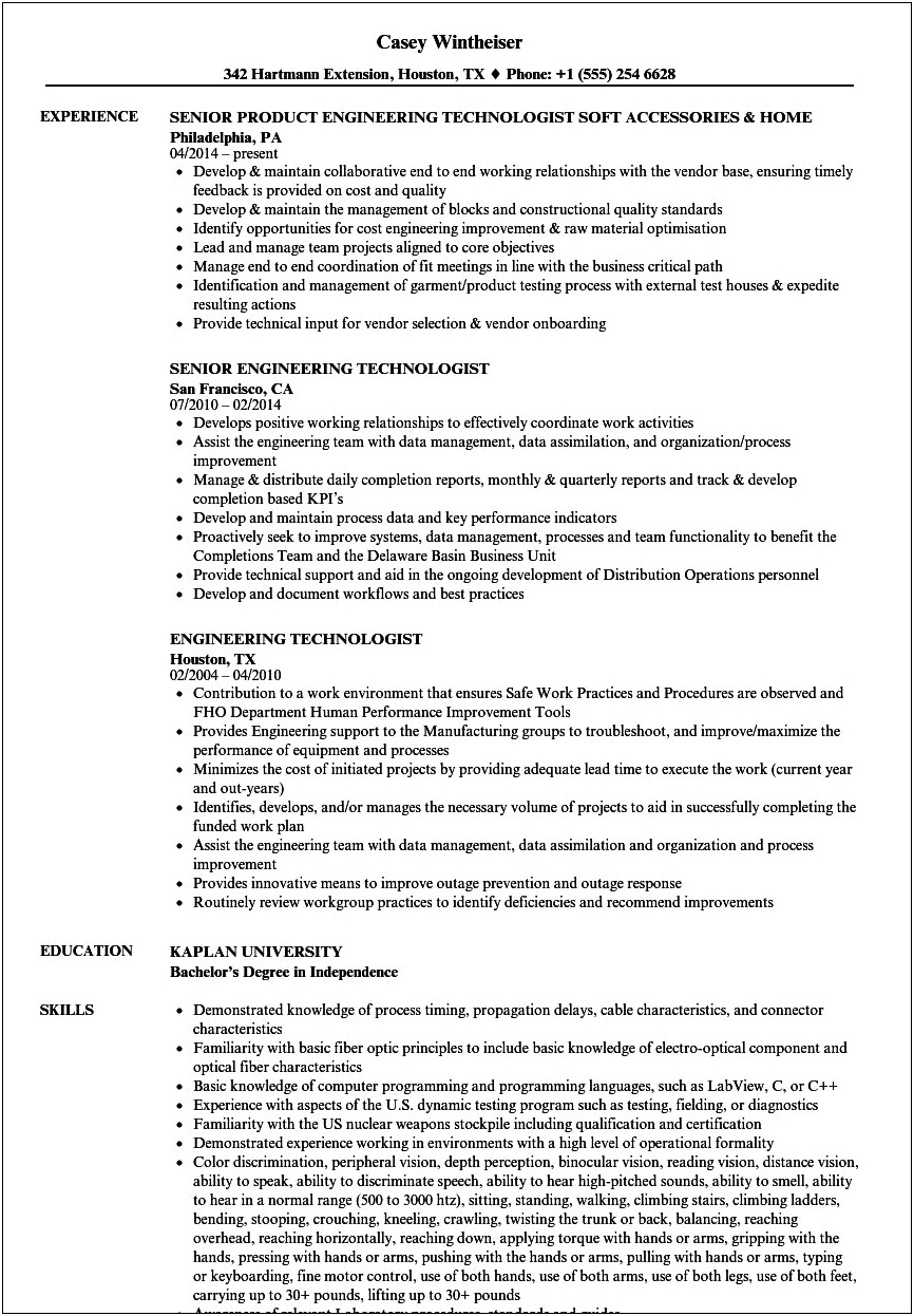 Sample Resume Format For Electrical Engineering Technologists