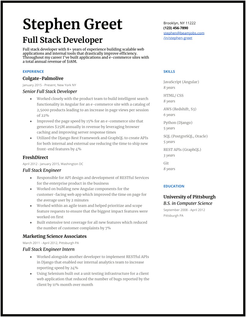 Sample Resume Format For Experienced Developer