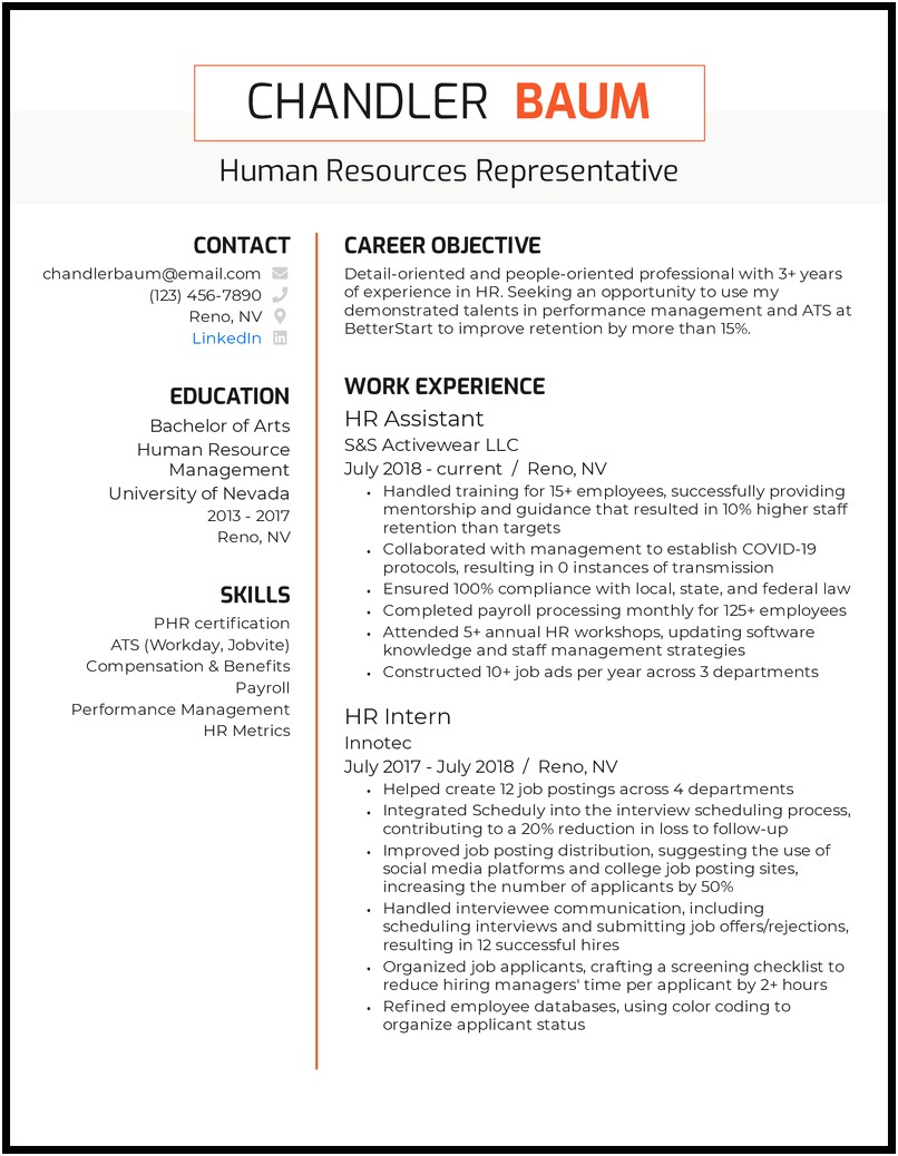 Sample Resume Format For Experienced Hr