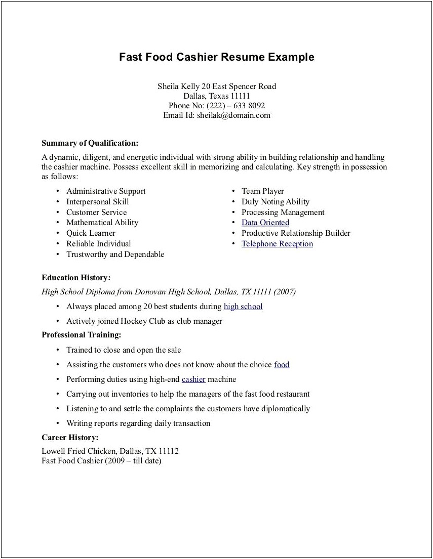 Sample Resume Format For Fast Food Crew