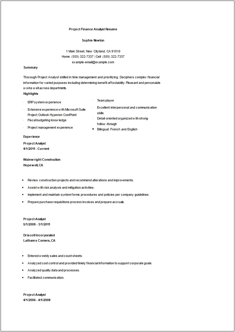 Sample Resume Format For Financial Analyst