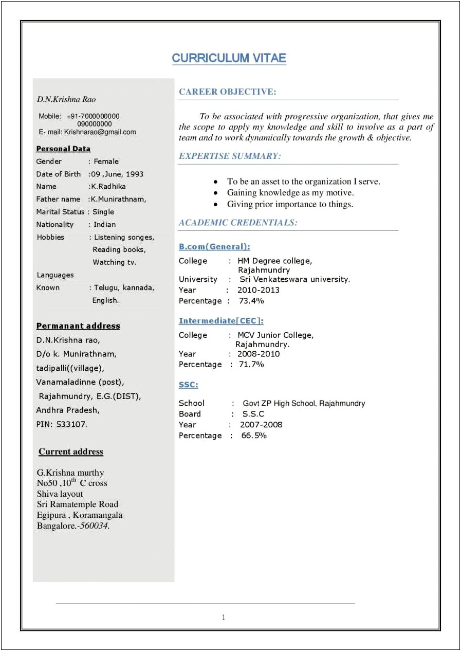 Sample Resume Format For Freshers Accountant