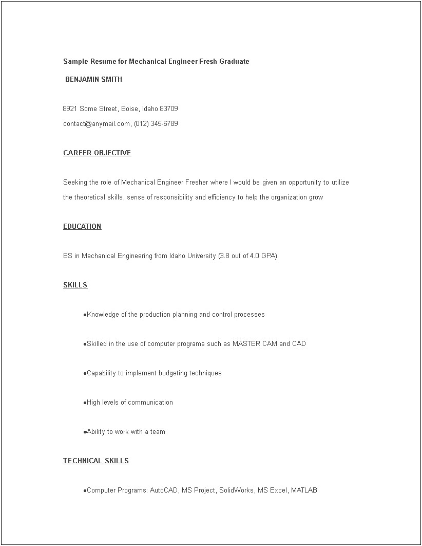 Sample Resume Format For Freshers Mechanical Engineers