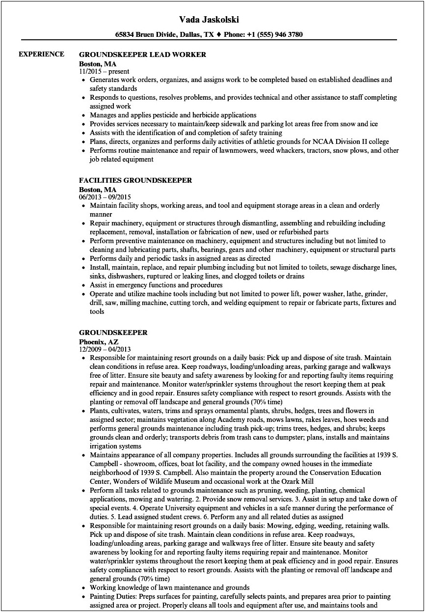 Sample Resume Format For Groundskeeper Or Porter