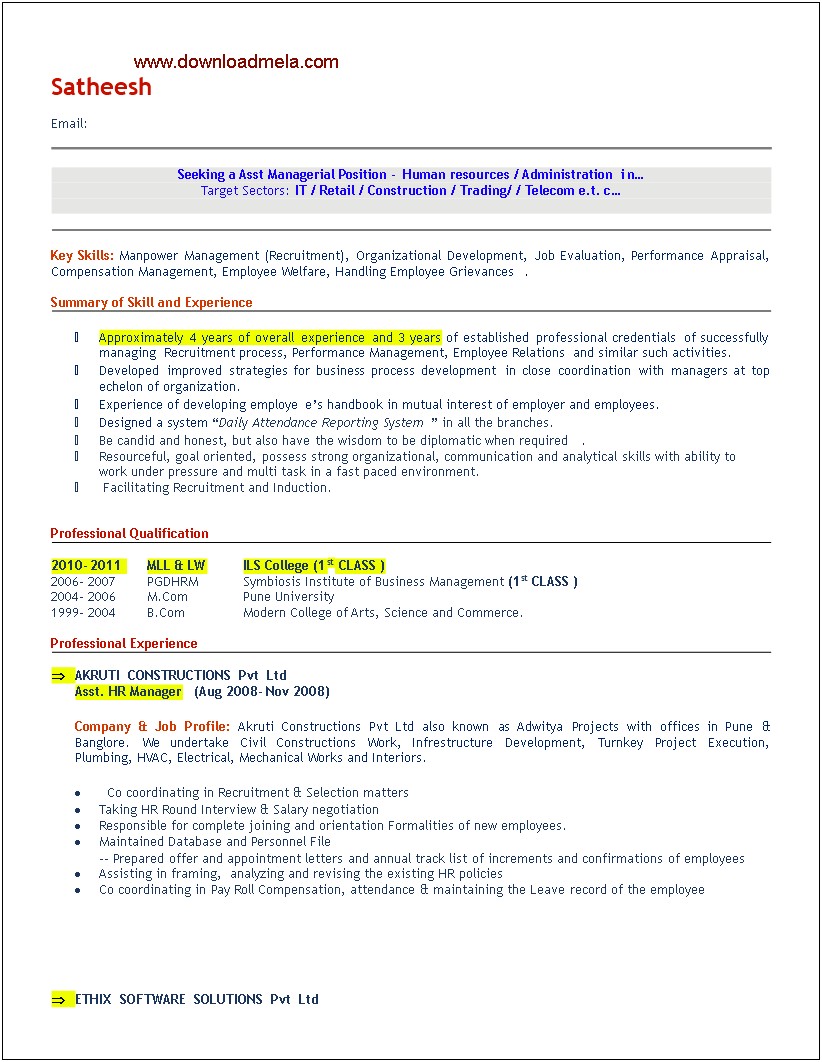 Sample Resume Format For Hr Assistant