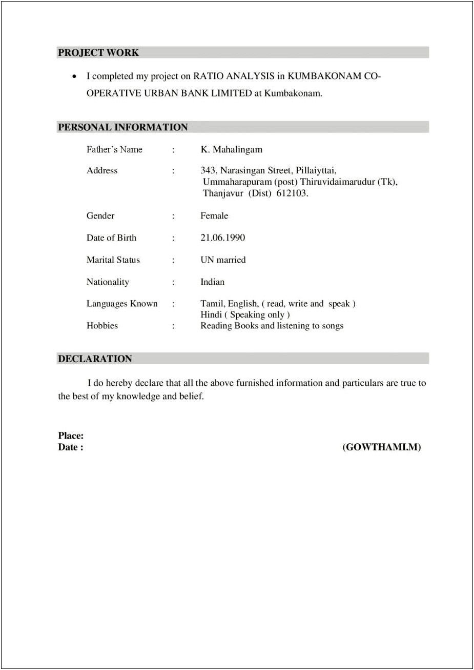 Sample Resume Format For Mba Hr Freshers