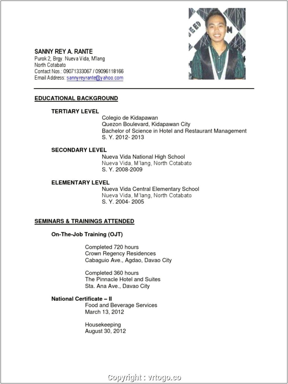 Sample Resume Format For Ojt Hrm Students
