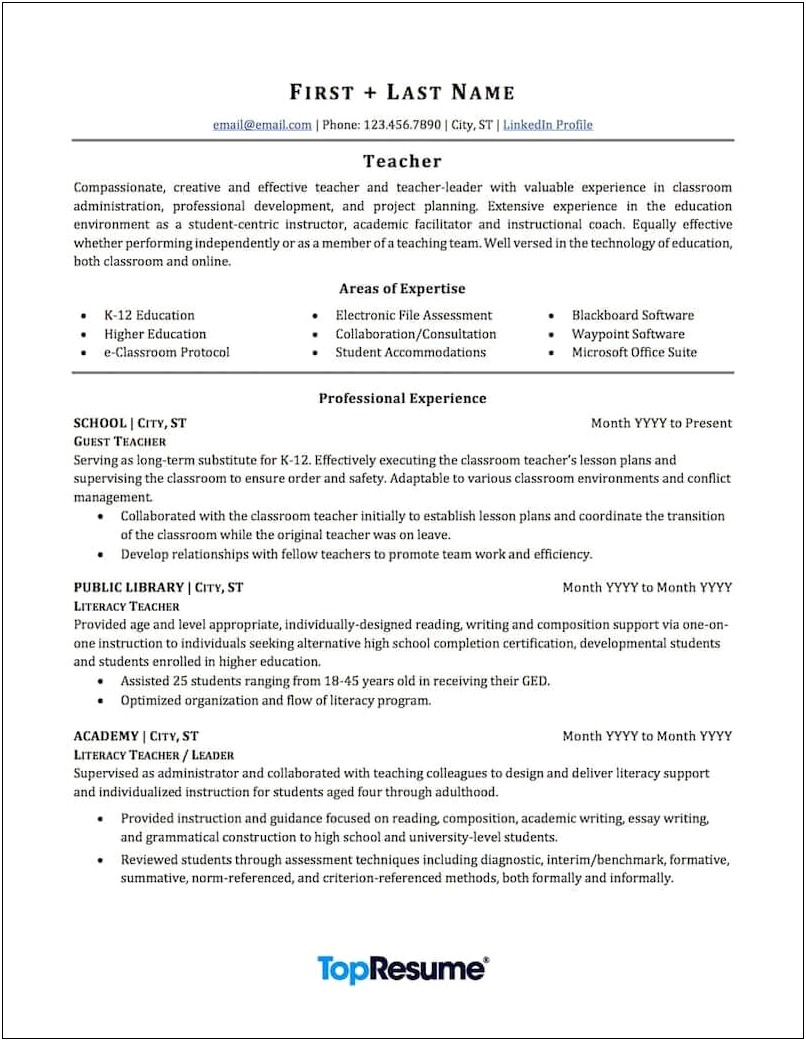 Sample Resume Format For Teaching Professional