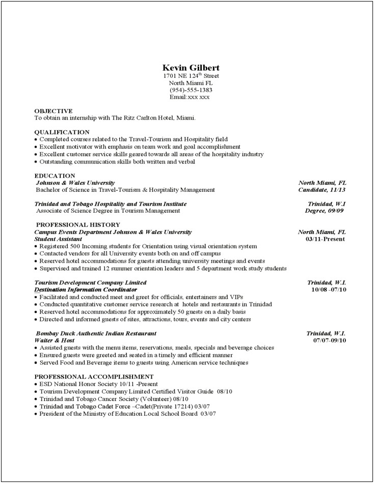 Sample Resume Format For Tourism Students