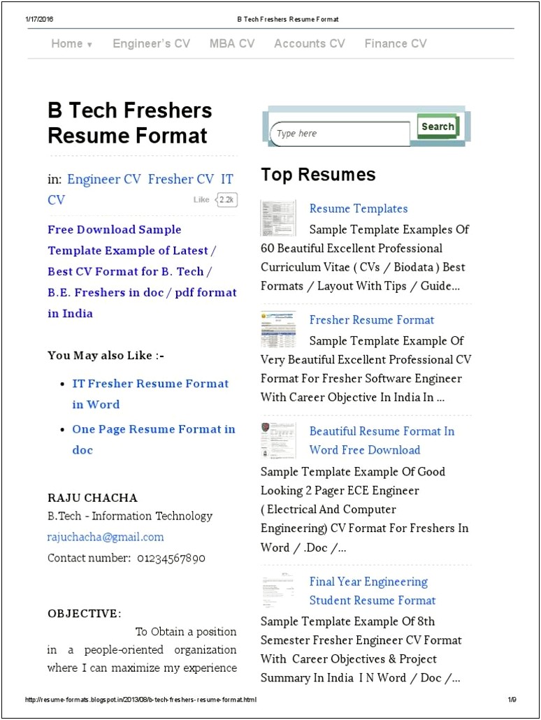Sample Resume Format Freshers Free Download