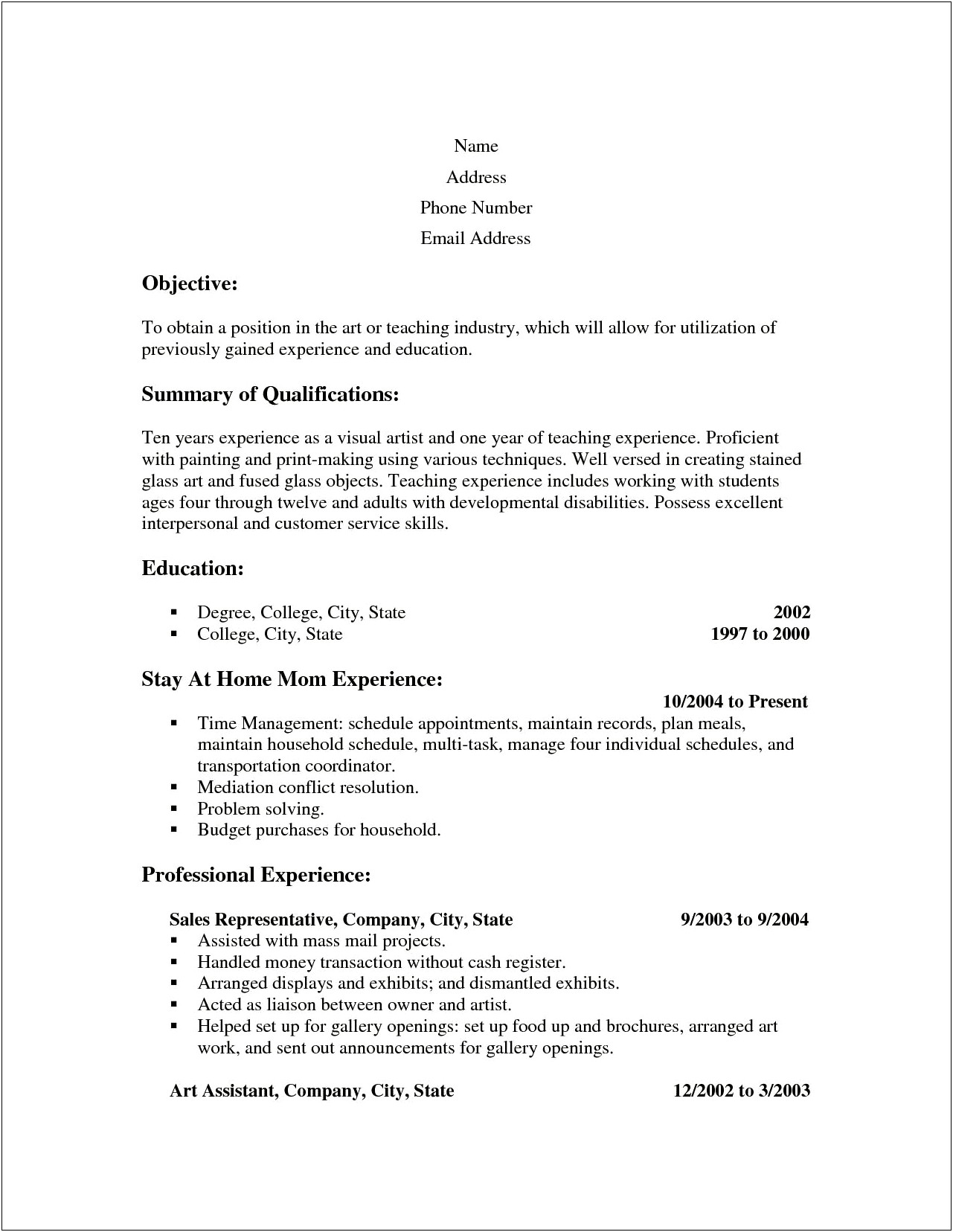 Sample Resume From A Stay At Home Mom