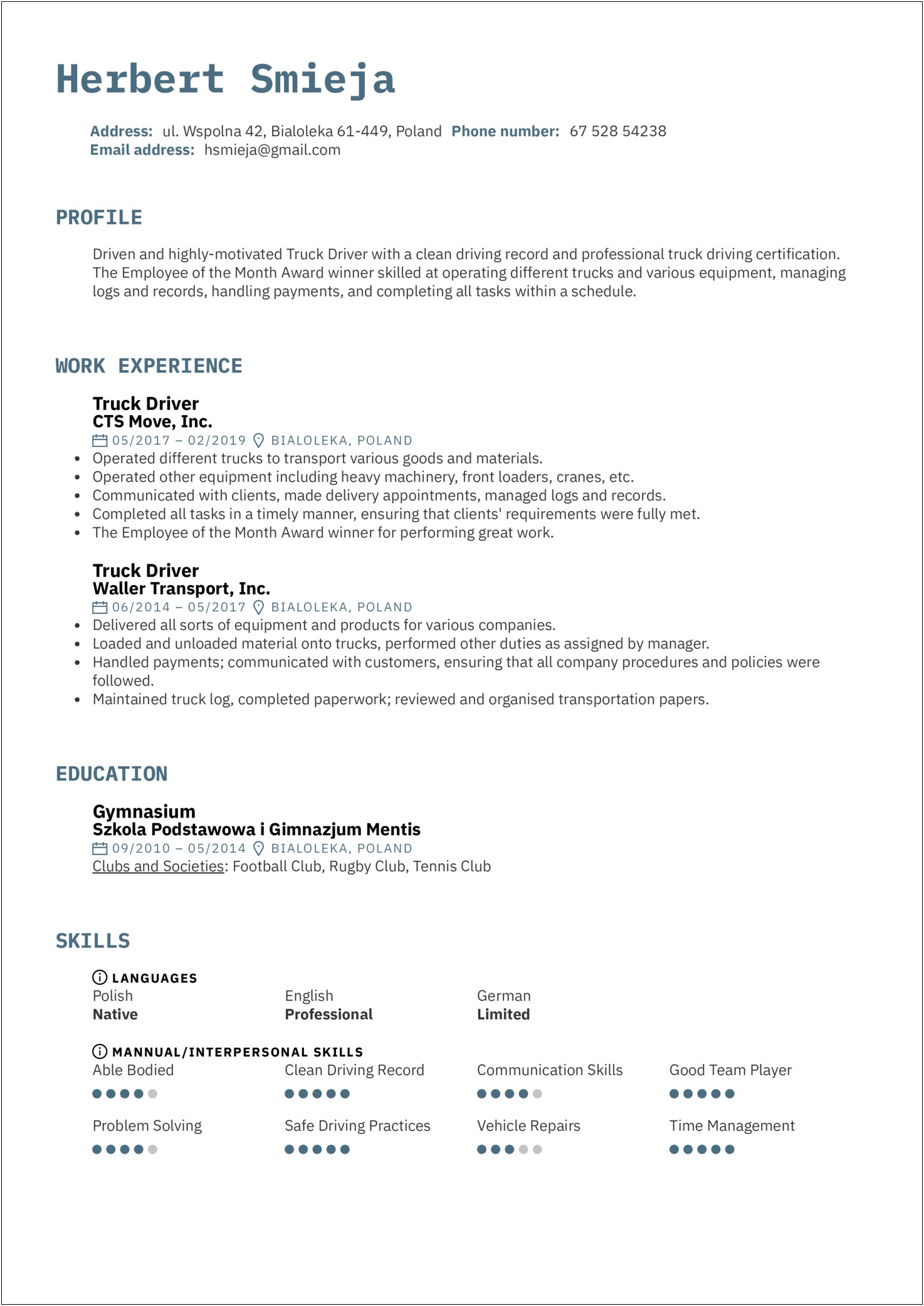 Sample Resume Letters For Truck Drivers