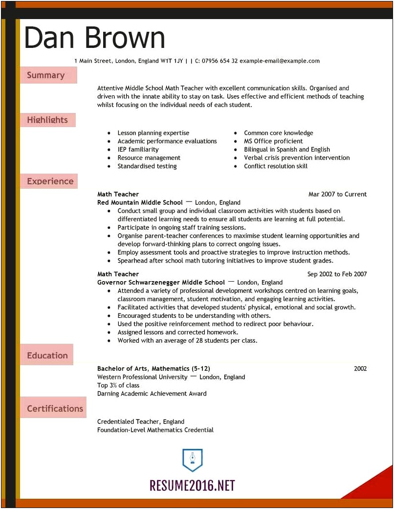 Sample Resume Math Teacher Application Letter