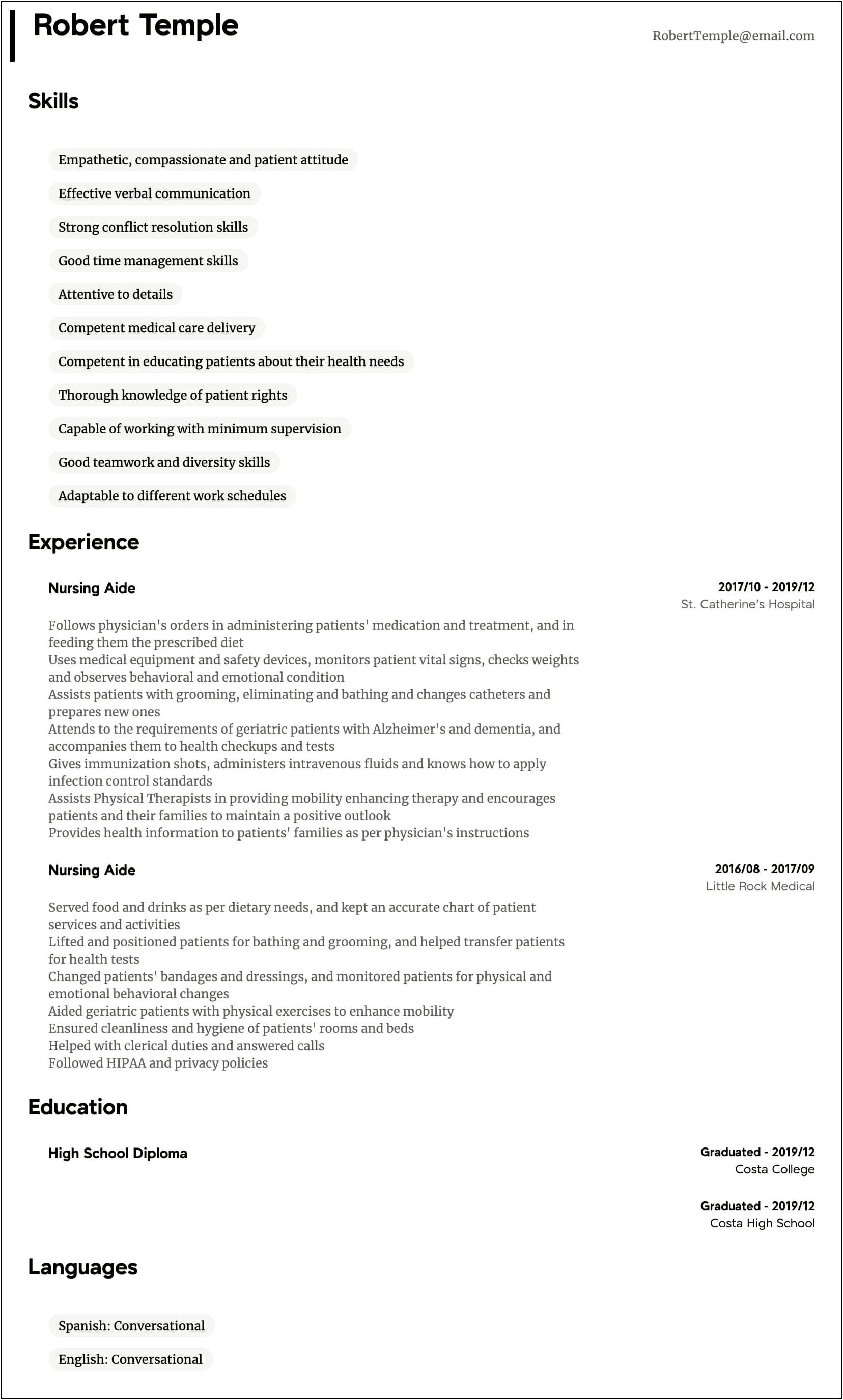 Sample Resume Nursing Assistant Entry Level