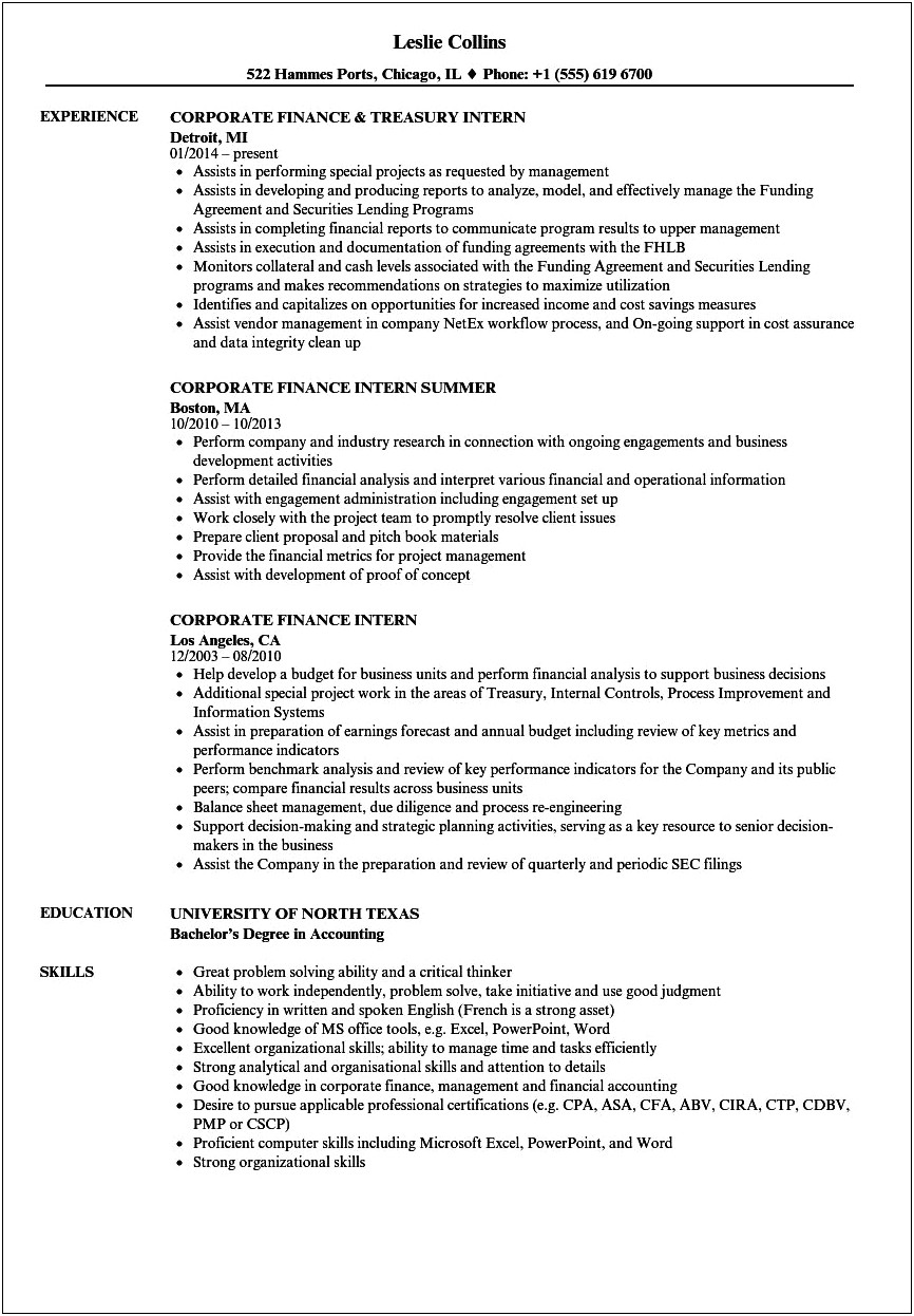 Sample Resume Objective For Accounting Internship