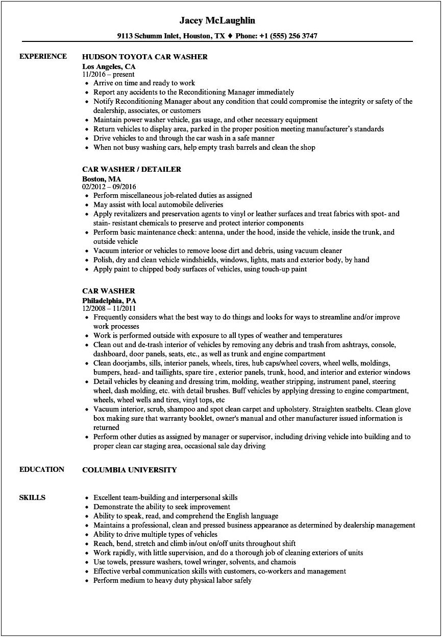 Sample Resume Objective For Car Washer