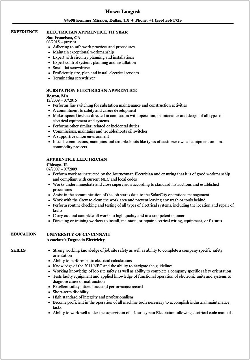 Sample Resume Objective For Electrician Apprentice