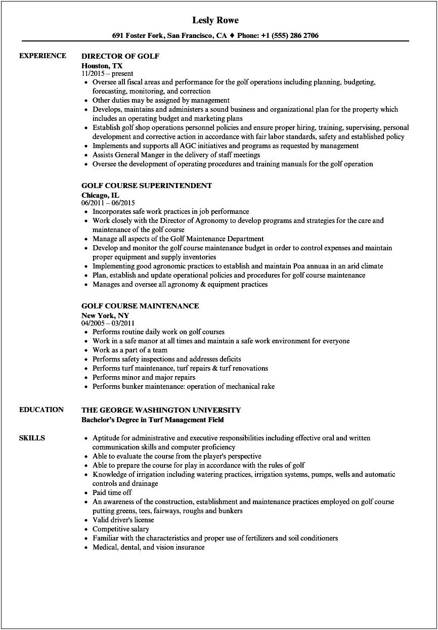 Sample Resume Objective For Golf Course Customer Service