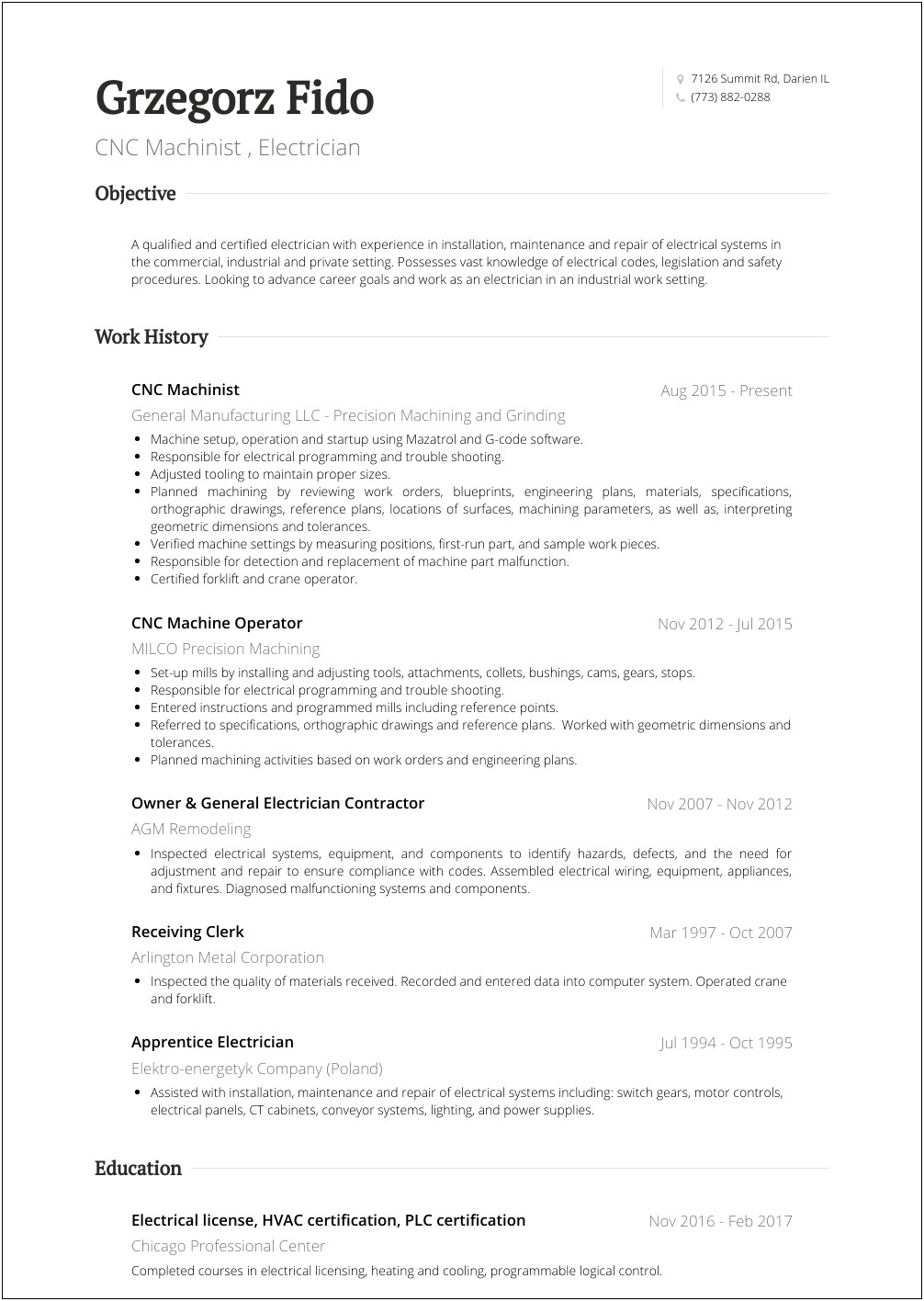 Sample Resume Objective For Machine Operator