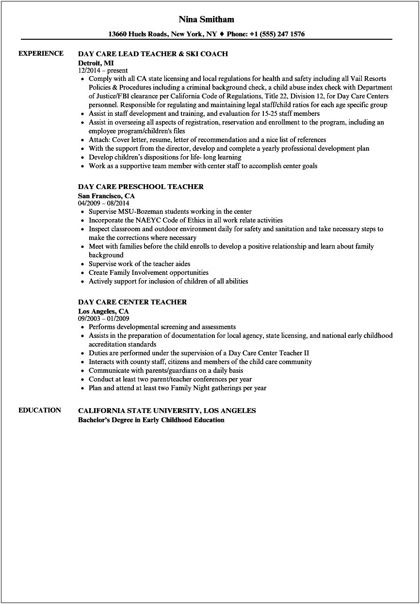 Sample Resume Objective For Preschool Teacher