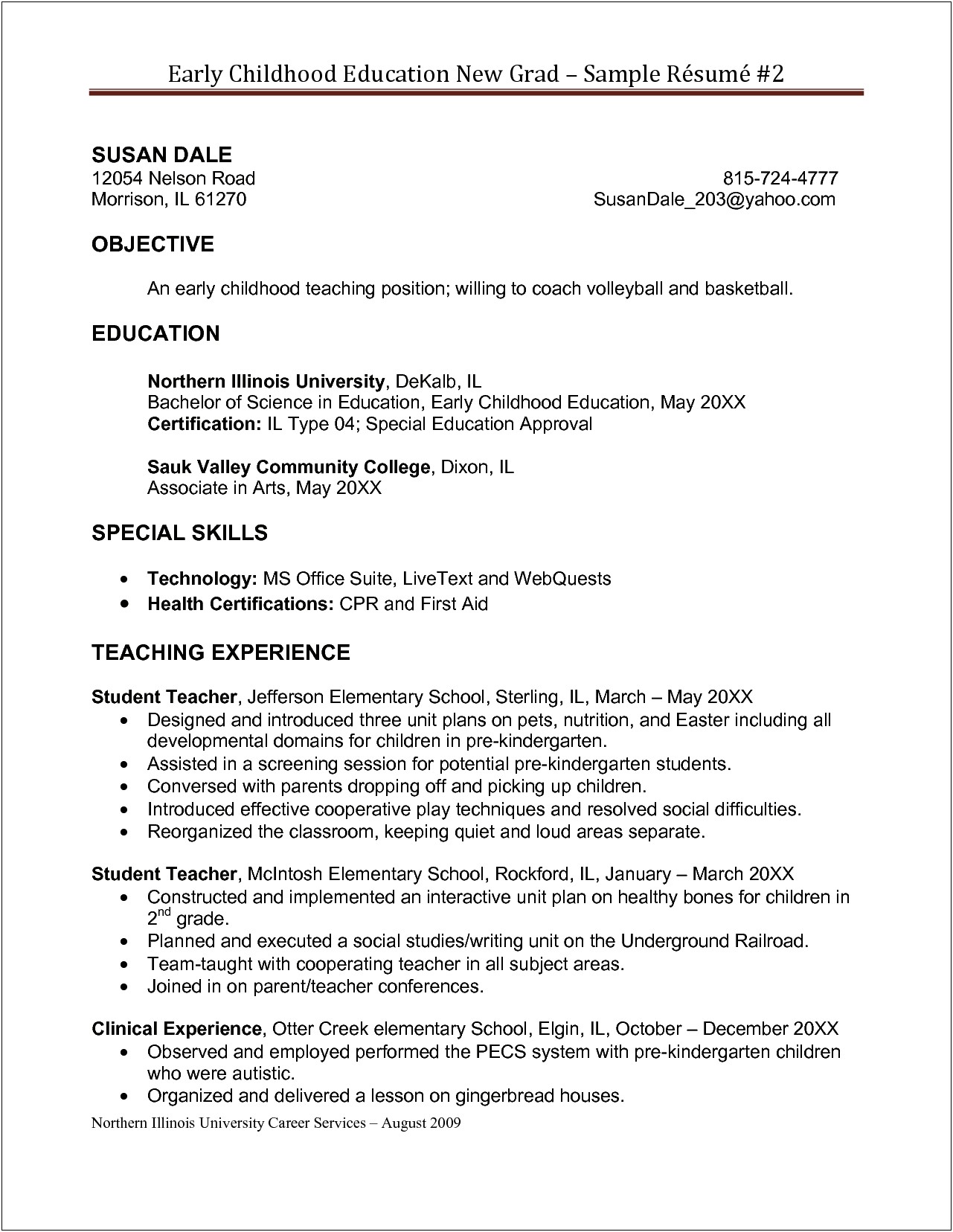 Sample Resume Objective For Teaching Position
