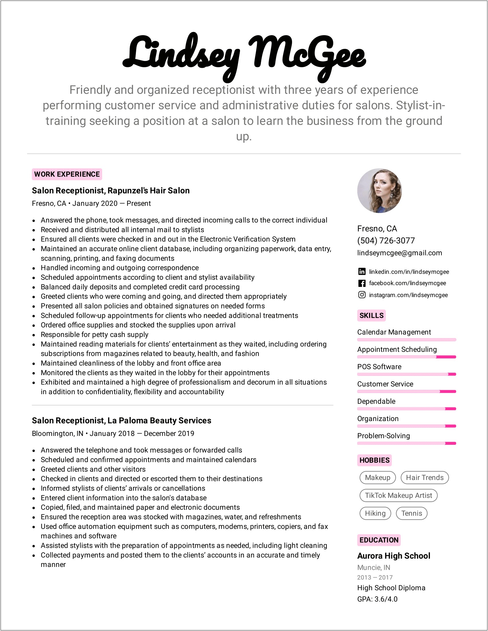 Sample Resume Objective Statements For Receptionist