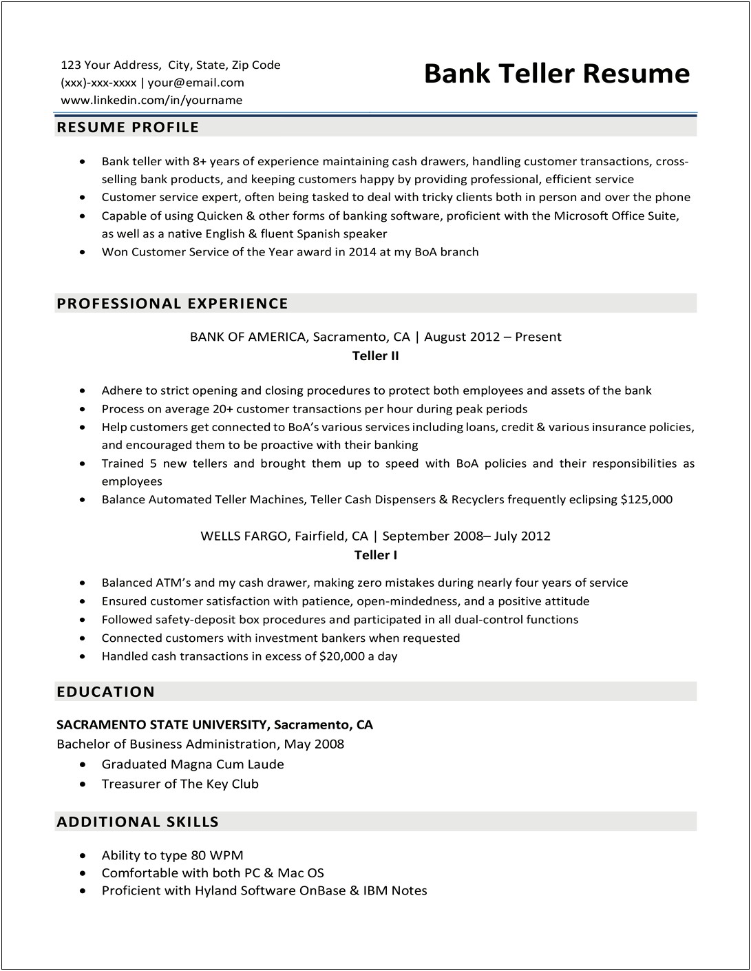 Sample Resume Objectives For Bank Teller