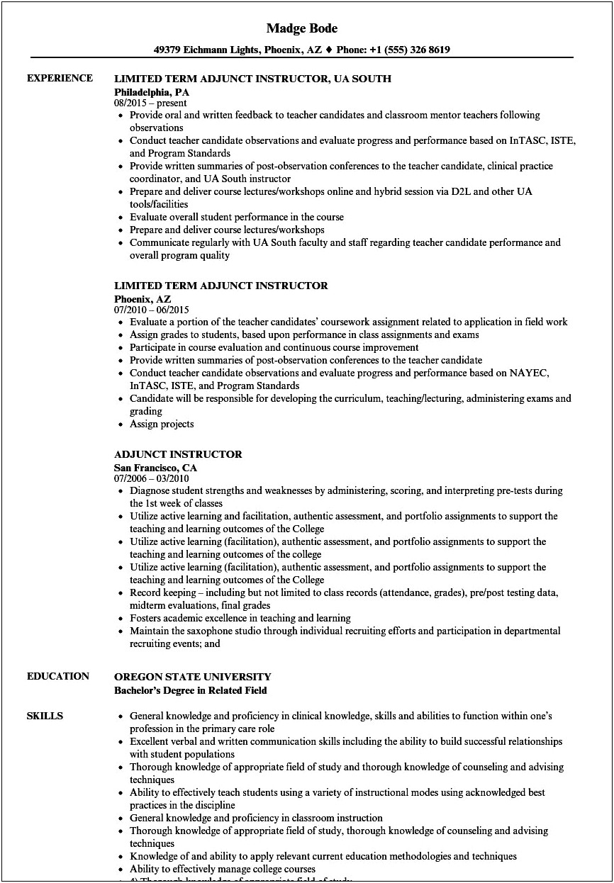 Sample Resume Objectives For College Professors