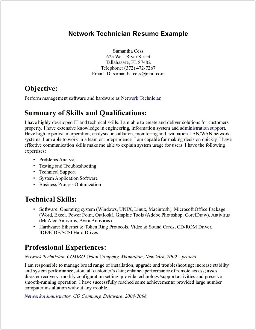 Sample Resume Objectives For Computer Technology