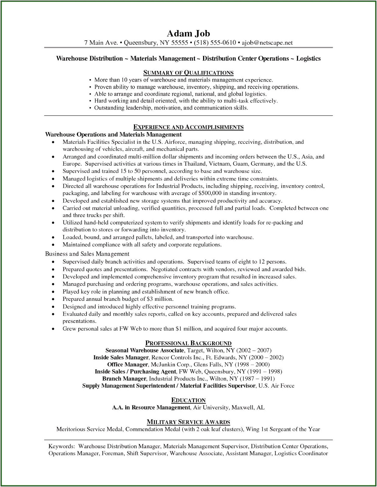 Sample Resume Objectives For Courier Warehouse