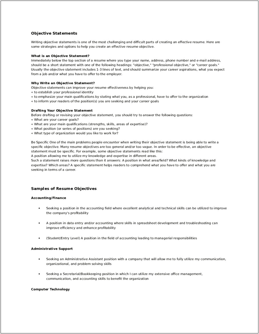 Sample Resume Objectives For Job Fair