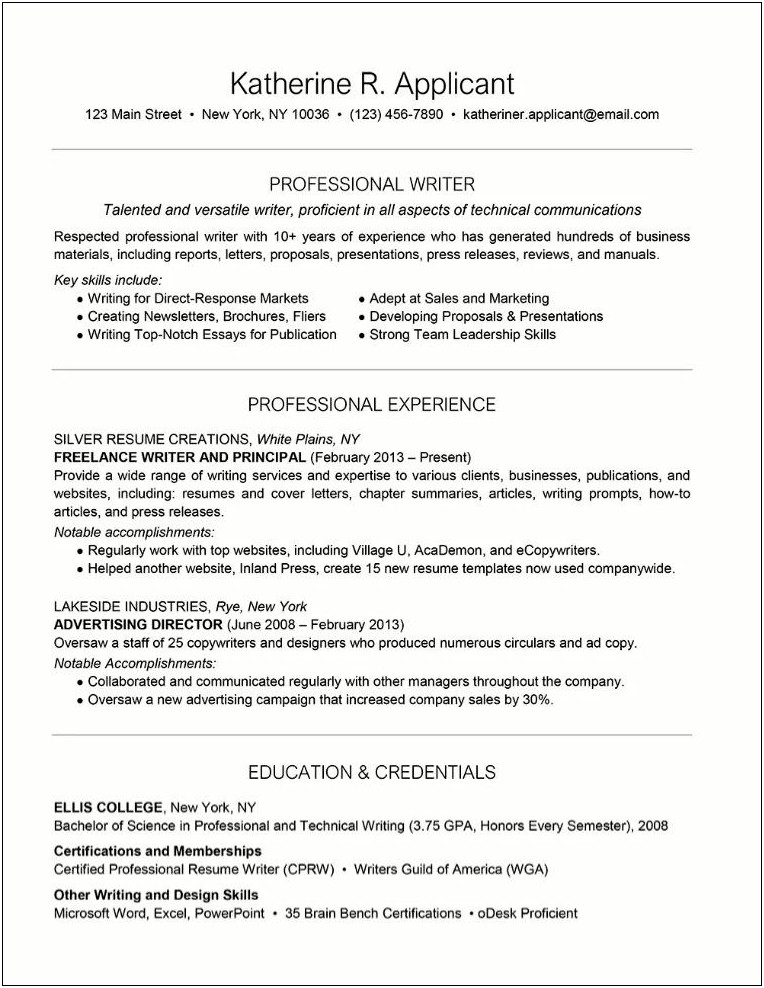 Sample Resume Of A Freelance Writer