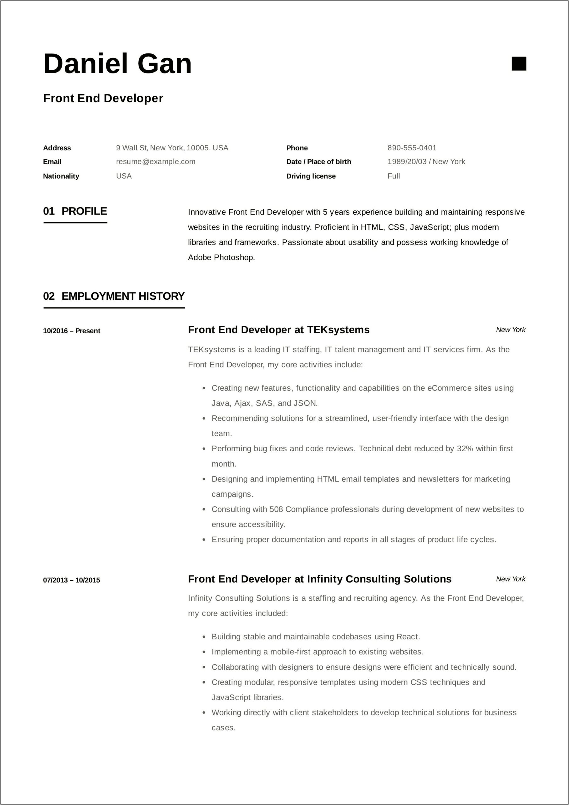 Sample Resume Of A Front End Developer