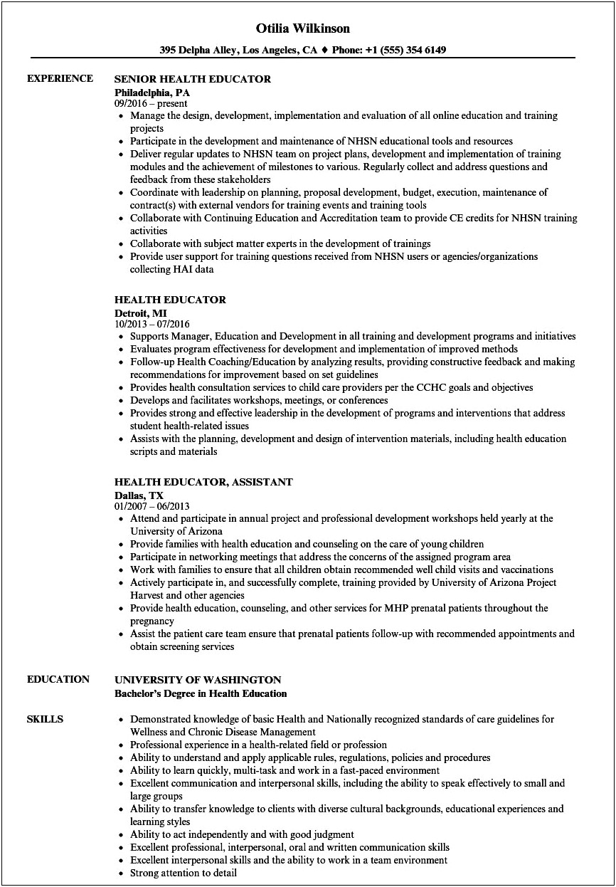 Sample Resume Of A Health Educator