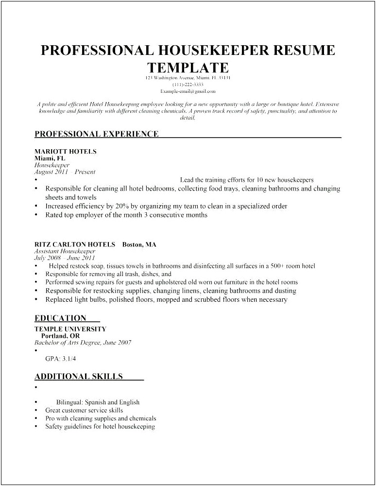 Sample Resume Of A Housekeeper For Hotels